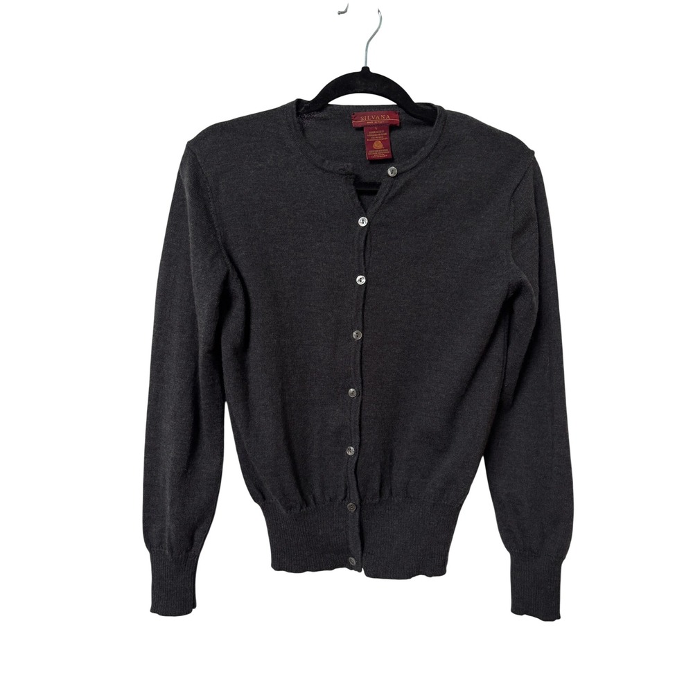 Silvana Italy Charcoal Gray 100% Extrafine Merino Wool Button Front Cardigan L